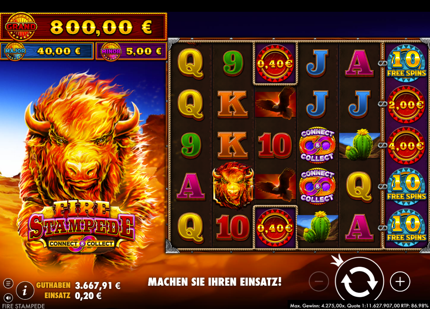 Fire-Stampede-Slot mit Feuerb&uuml;ffel, Free Spins, Connect & Collect, Adlern und Kakteen.
