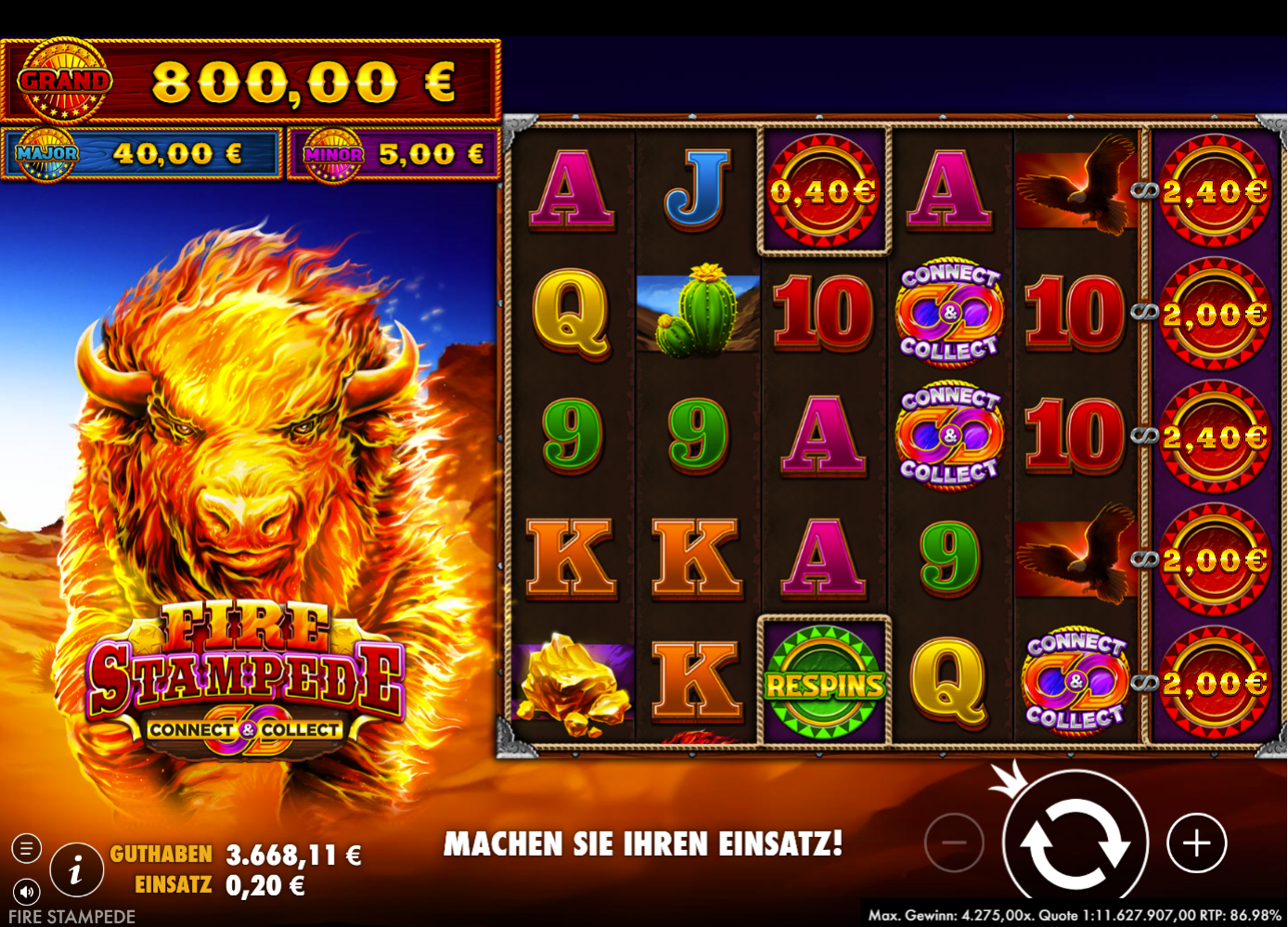 Fire-Stampede-Slot mit Geldwerten, Connect‑&‑Collect, Respin, Adlern und Kakteen.