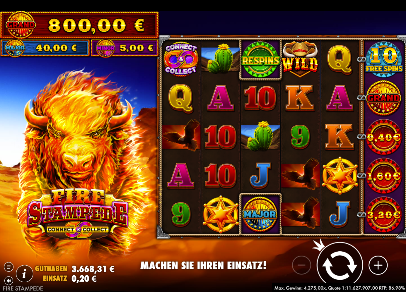 Fire-Stampede-Slot mit Feuerb&uuml;ffel, Kakteen, Adlern, Geldwerten und Wild‑Sheriffstern.