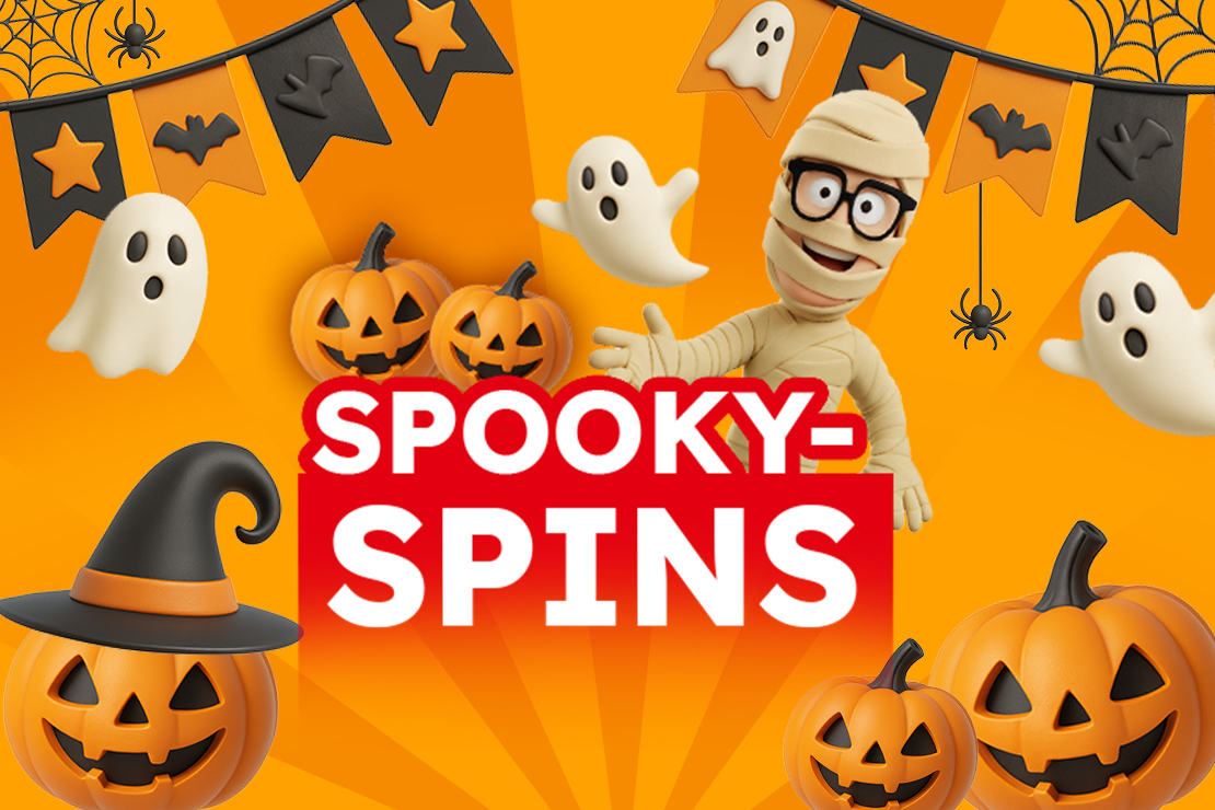 Halloween-Grafik mit Kürbissen, Geistern, Mumienfigur und Schriftzug ‚Spooky Spins‘.