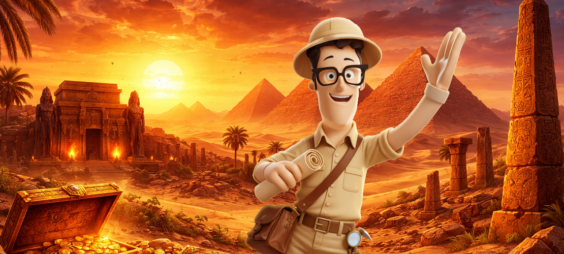 erwin-Figur in &Auml;gypten mit Pyramiden im Hintergrund