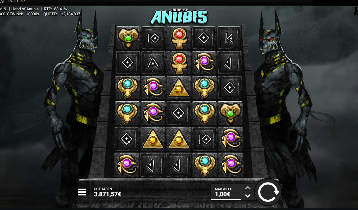 Hand-of-Anubis-Slot mit Symbolraster und zwei Anubis-Statuen.