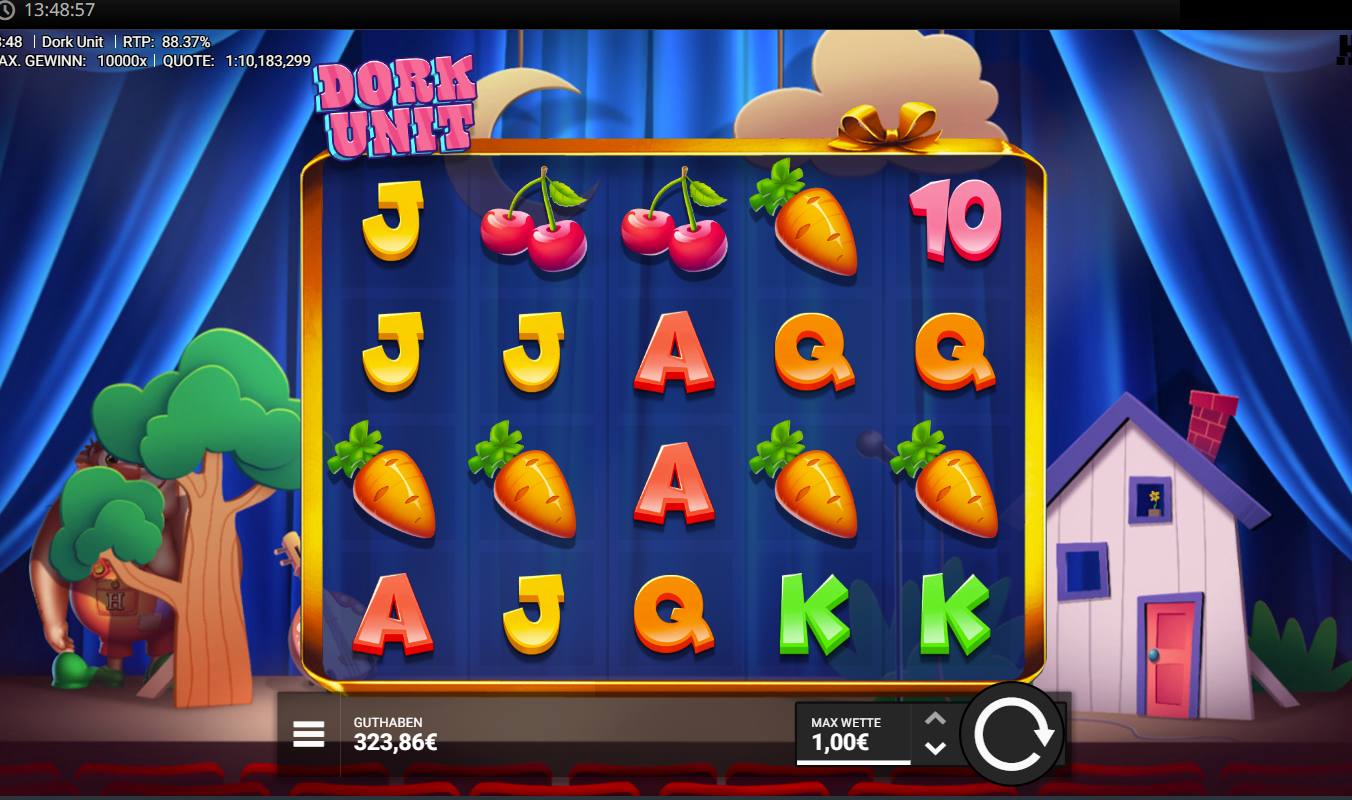 Dork-Unit-Slot mit Symbolen wie Karotten, Kirschen und Buchstaben auf blauem Raster.