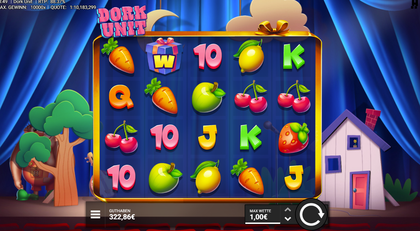 Dork-Unit-Slot mit Fr&uuml;chten, Karotten, Buchstaben und Geschenk-Symbol auf blauem Raster.