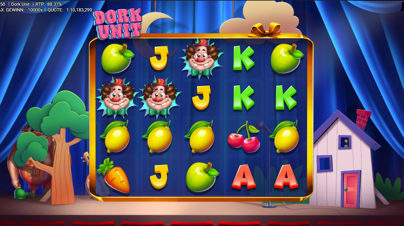 Dork-Unit-Slot mit Clownsymbolen, Fr&uuml;chten und Buchstaben auf blauem Raster.