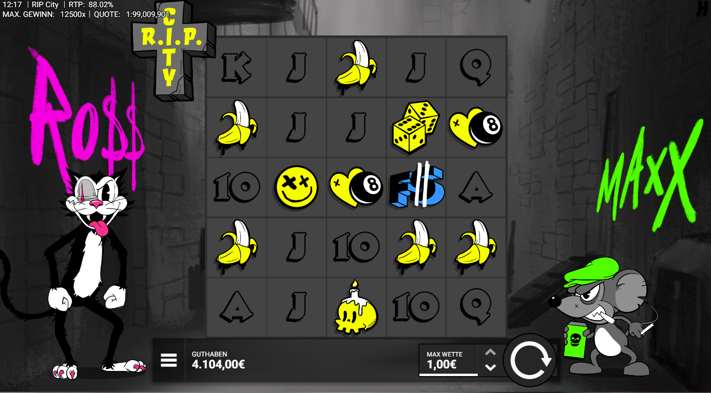 RIP-City-Slot mit FS‑Symbol, Bananen, W&uuml;rfeln, Smileys, Kerze und A‑K‑Q‑J‑10.
