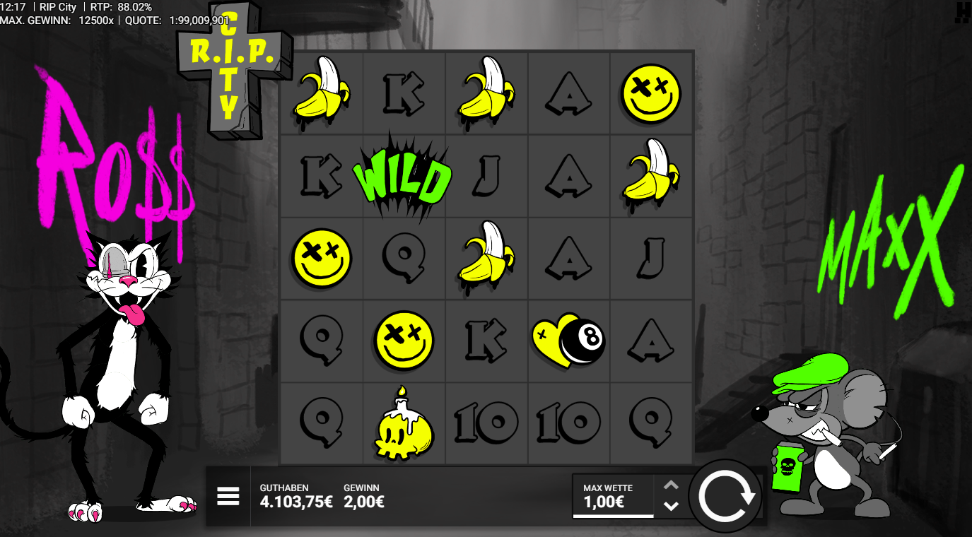 RIP-City-Slot mit WILD‑Graffiti, Bananen, Smileys, Kerze, W&uuml;rfeln und A‑K‑Q‑J‑10.