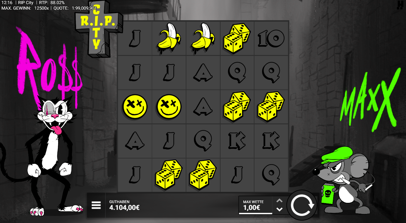 RIP-City-Slot mit Bananen, W&uuml;rfeln, Smileys, A‑K‑Q‑J und Street‑Graffiti‑Design.