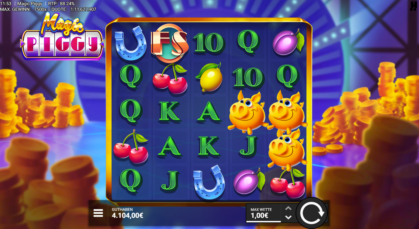 Magic-Piggy-Slot mit FS‑Scatter, Schweinchen, Kirschen, Zitrone, Hufeisen und A‑K‑Q‑J.