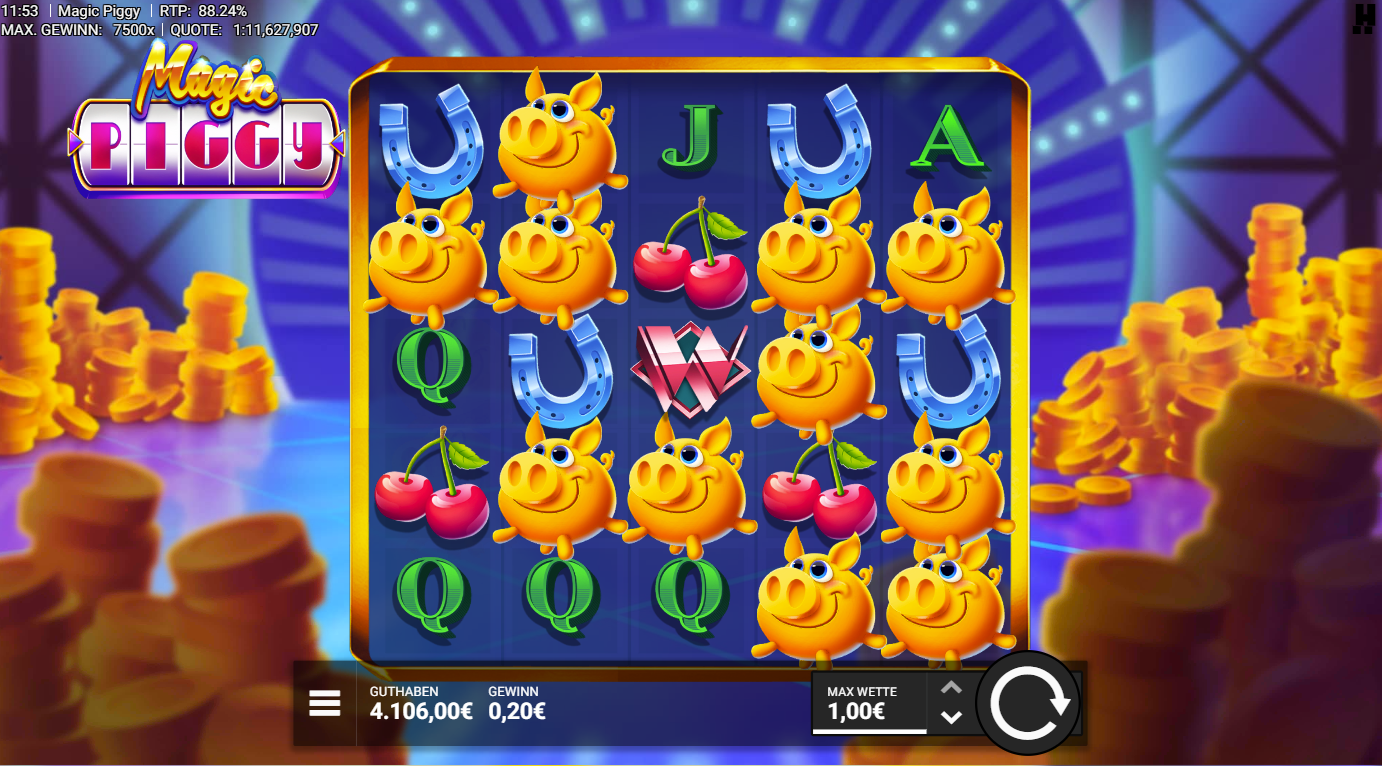 Magic-Piggy-Slot mit vielen Schweinchen, Hufeisen, Kirschen, Q‑Symbolen und Wild.