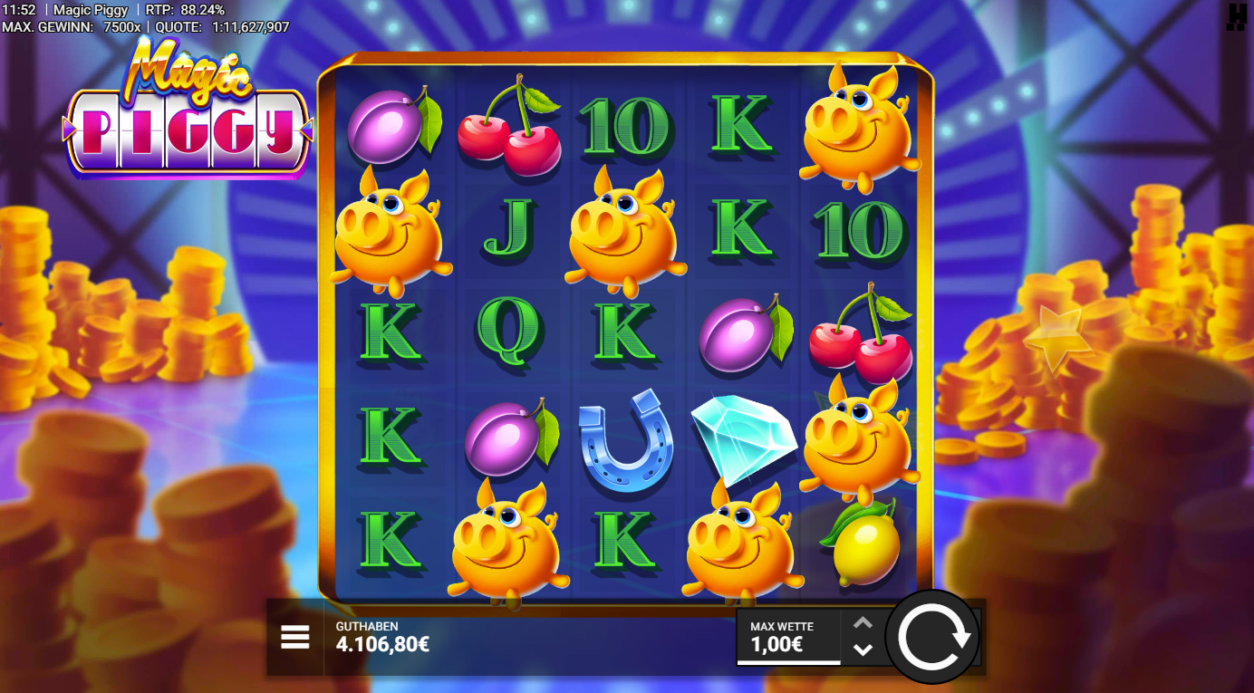 Magic-Piggy-Slot mit Schweinchen, Kirschen, Pflaumen, Diamant, Hufeisen und K‑Q‑J.
