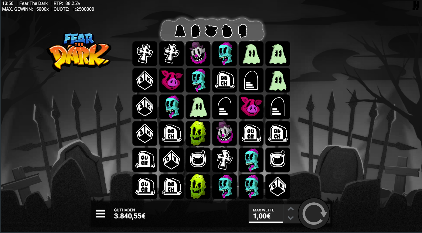 Fear-the-Dark-Slot mit Geistern, Grabsteinen, Totenk&ouml;pfen, Kreuzen und OK‑Symbolen.