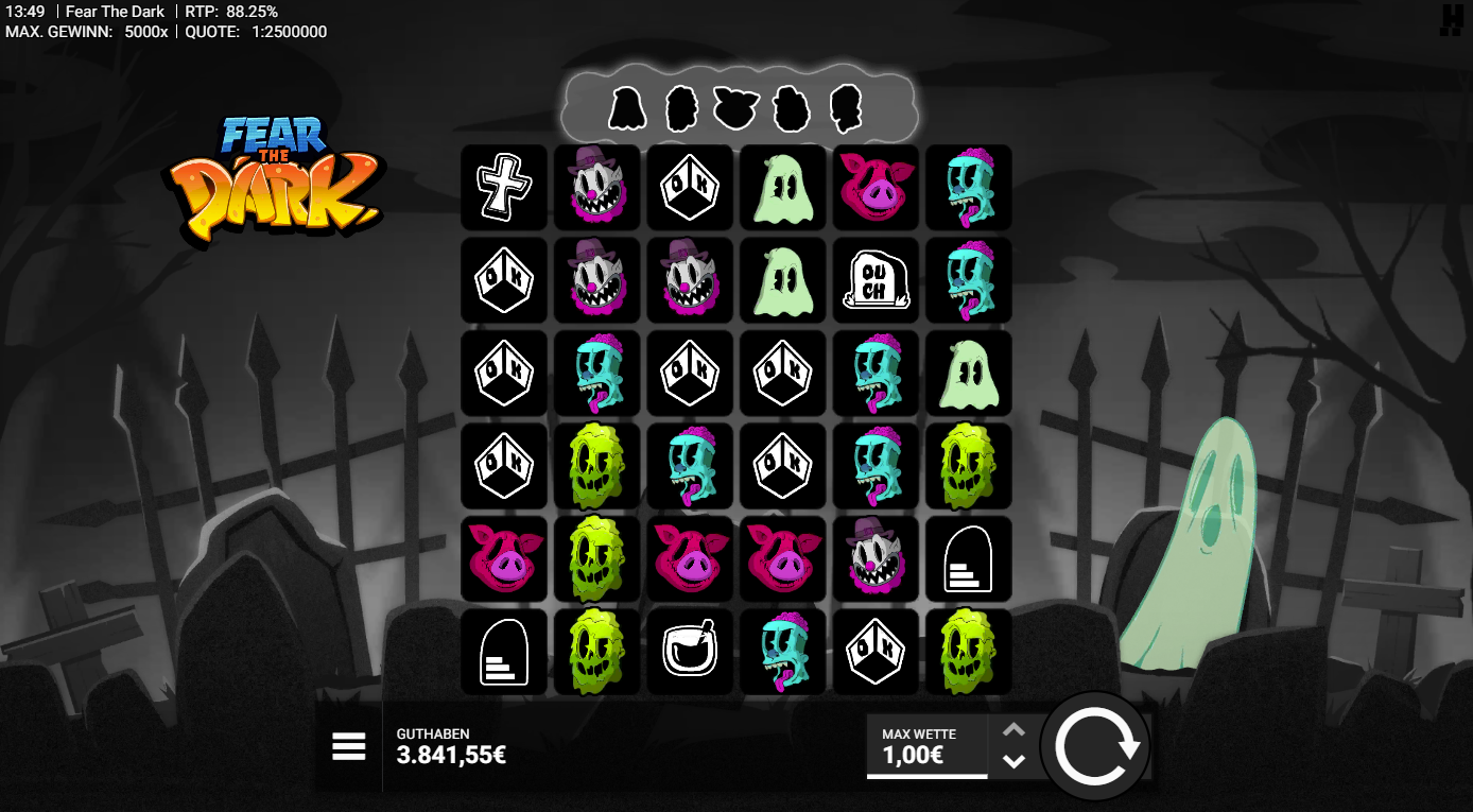 Fear-the-Dark-Slot mit Geistern, Totenk&ouml;pfen, Schweinemasken und OK‑Symbolen.