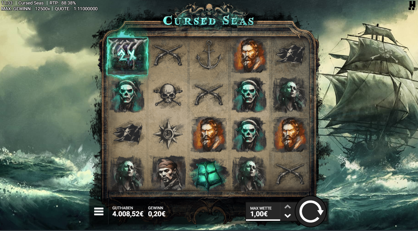 Cursed-Seas-Slot mit 2x‑Wild, Geisterpiraten, Totenk&ouml;pfen, Pistolen und Ankern.