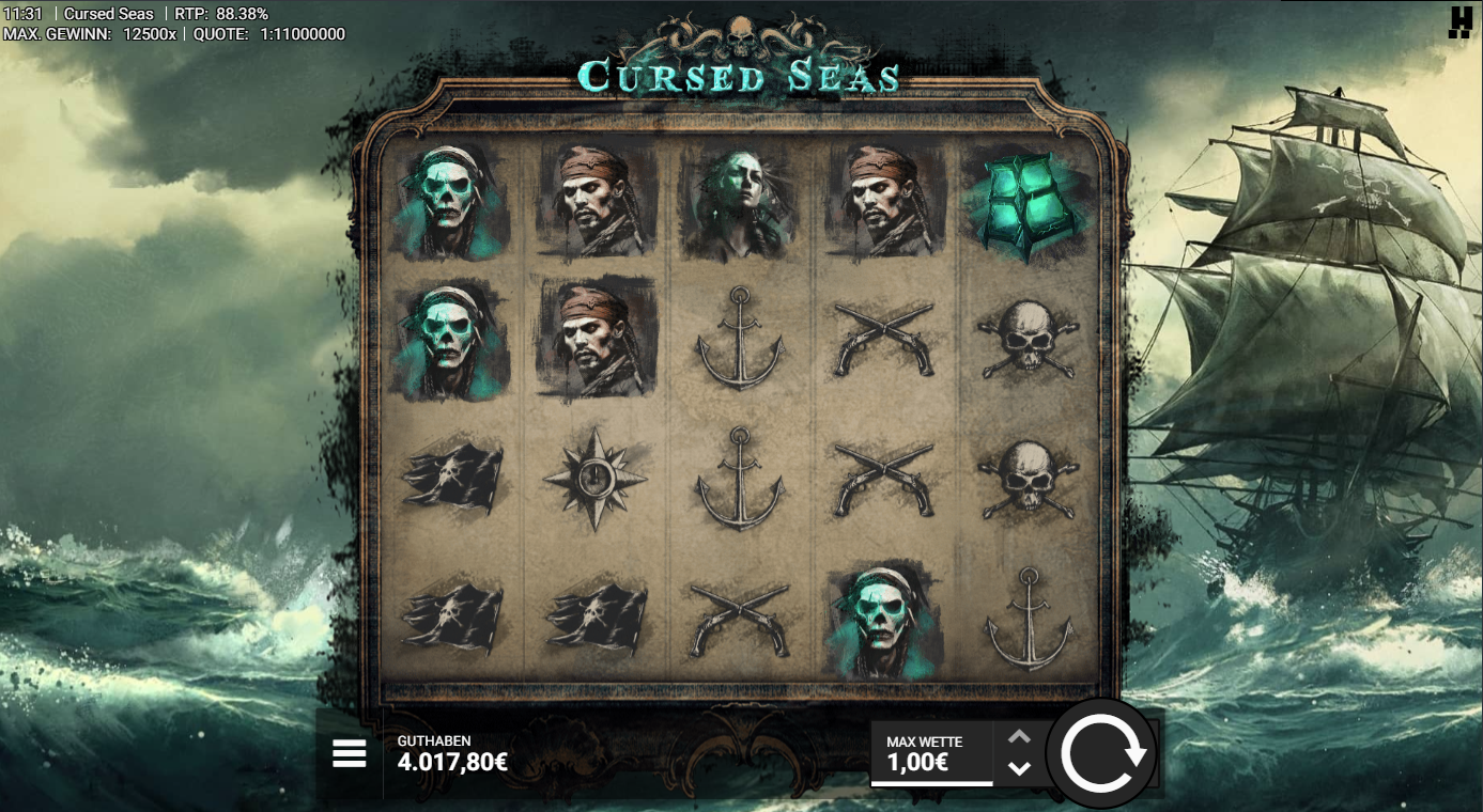 Cursed-Seas-Slot mit Geisterpirat, Totenkopf, Pistolen, Anker und Kompass.