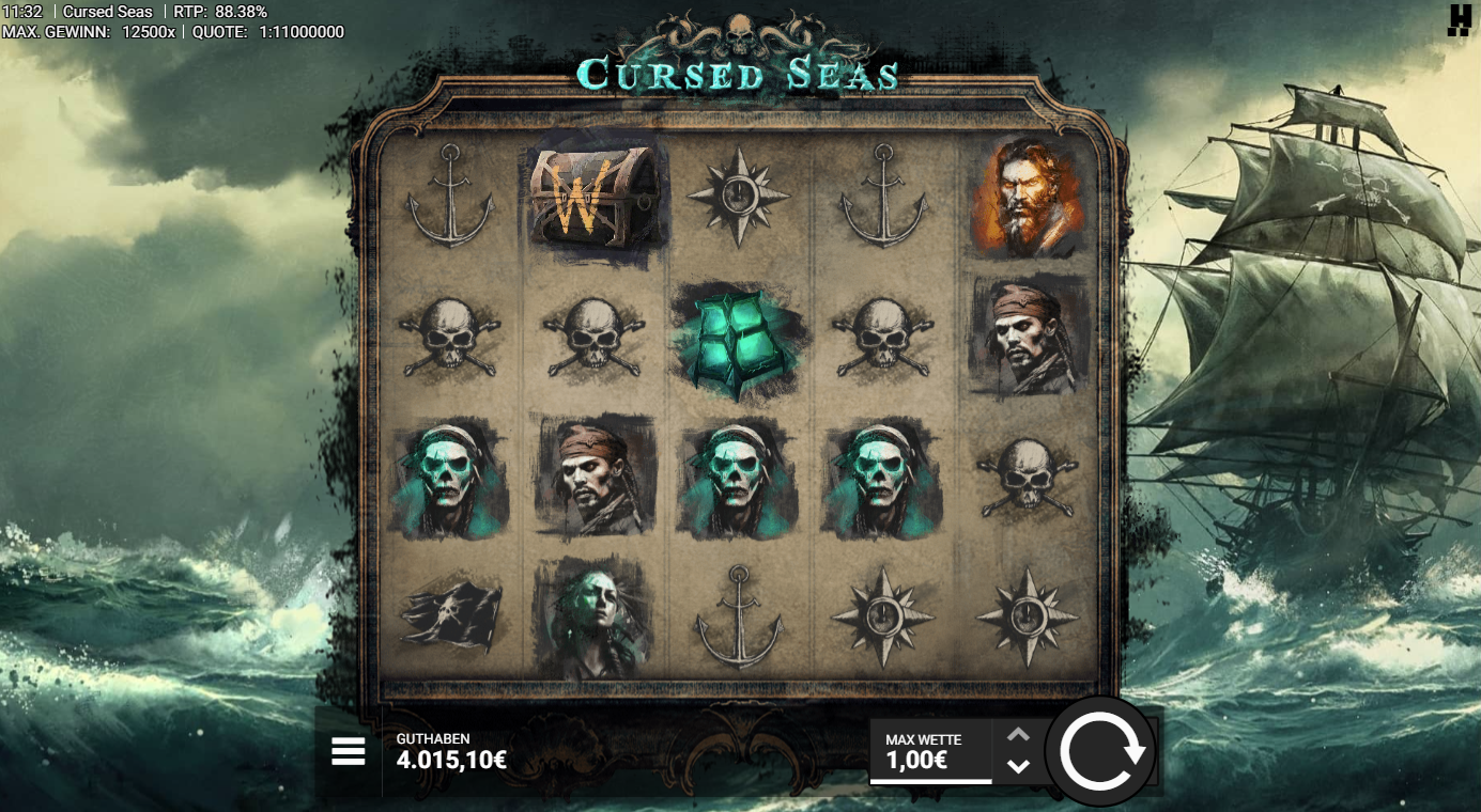 Cursed-Seas-Slot mit Totenk&ouml;pfen, Ankern, Piratenportr&auml;ts, Truhe und Kompass.