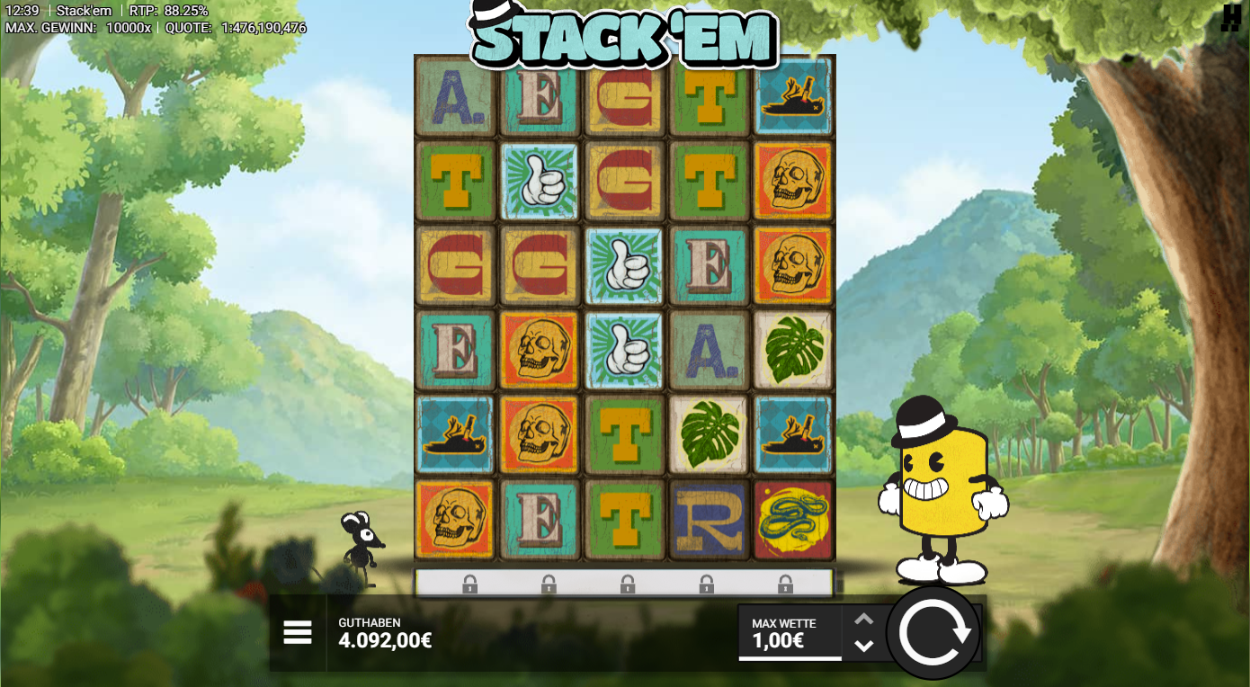 Stack&acute;em-Slot mit WILD‑Kachel, Totenk&ouml;pfen, Schlange, Blatt, Daumen und Buchstaben.