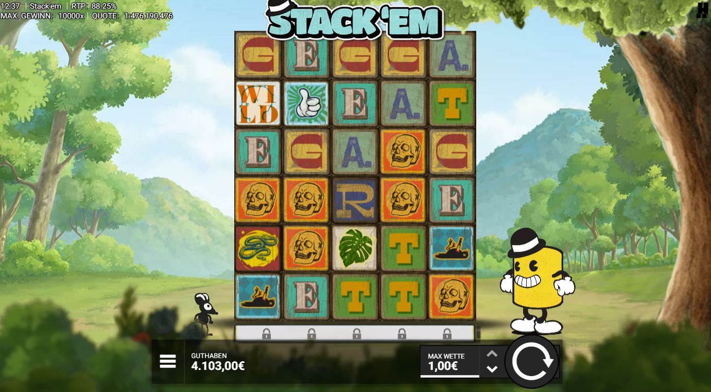 Stack&acute;em-Slot mit Totenk&ouml;pfen, Schlange, Blatt, Daumen‑Symbol und bunten Buchstaben.