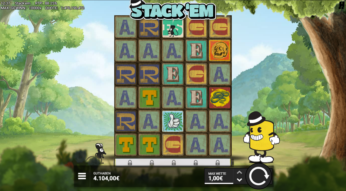 Stack&acute;em-Slot mit Buchstaben‑Bl&ouml;cken, Totenkopf, Schlange, Daumen‑Symbol und Maus.