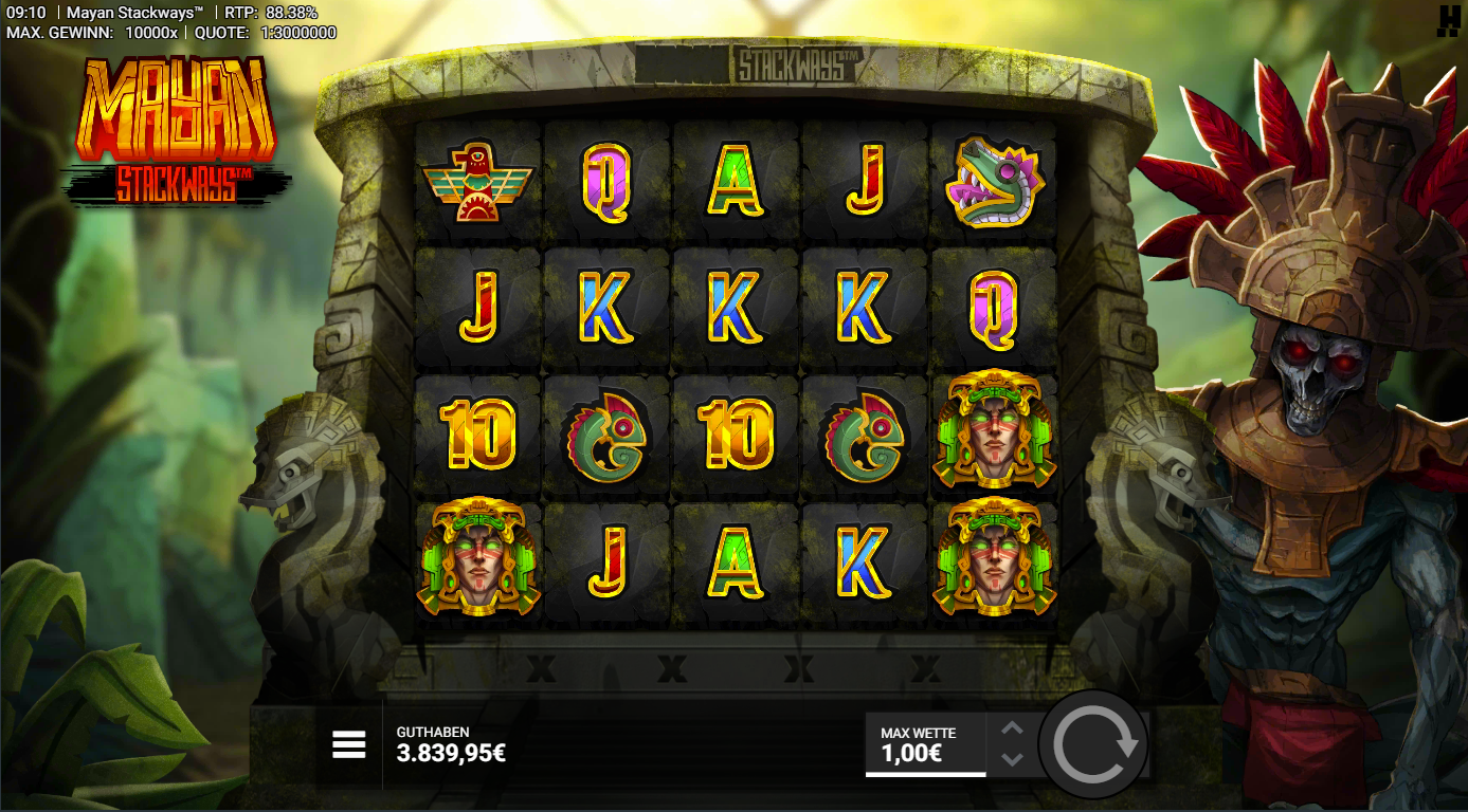 Mayan-Stackways-Slot mit FS‑Totenkopf, gr&uuml;ner Maske, Schlangen und A‑K‑Q‑J‑10.