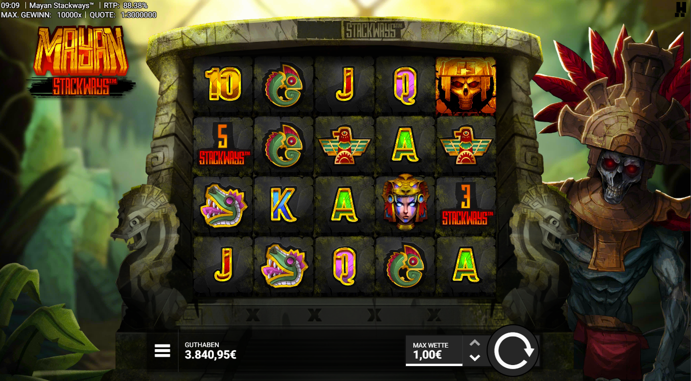 Mayan-Stackways-Slot mit FS‑Totenkopf, Stackways‑Zahlen, Schlangen und A‑K‑Q‑J‑10.