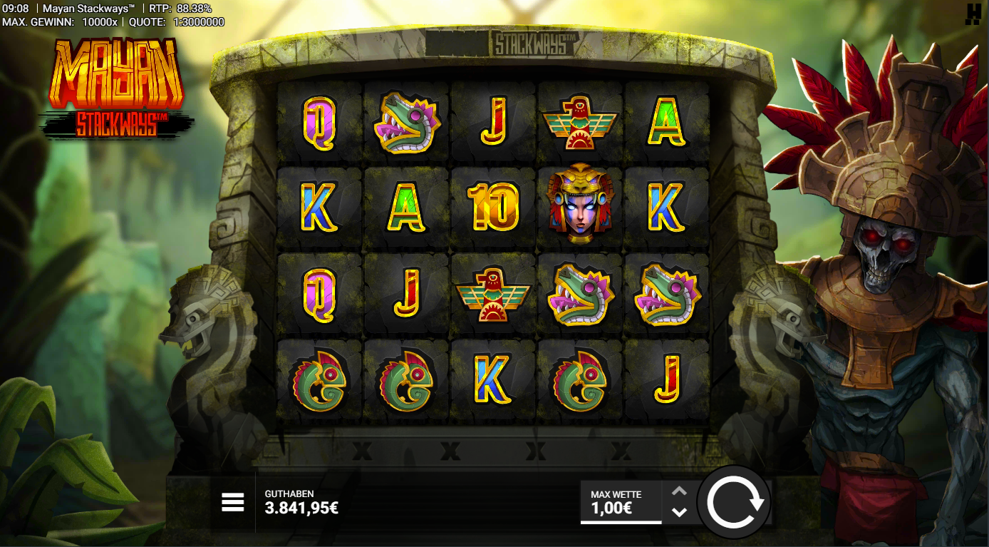 Mayan-Stackways-Slot mit Masken, Schlangen, Vogel‑Symbolen und A‑K‑Q‑J‑10.