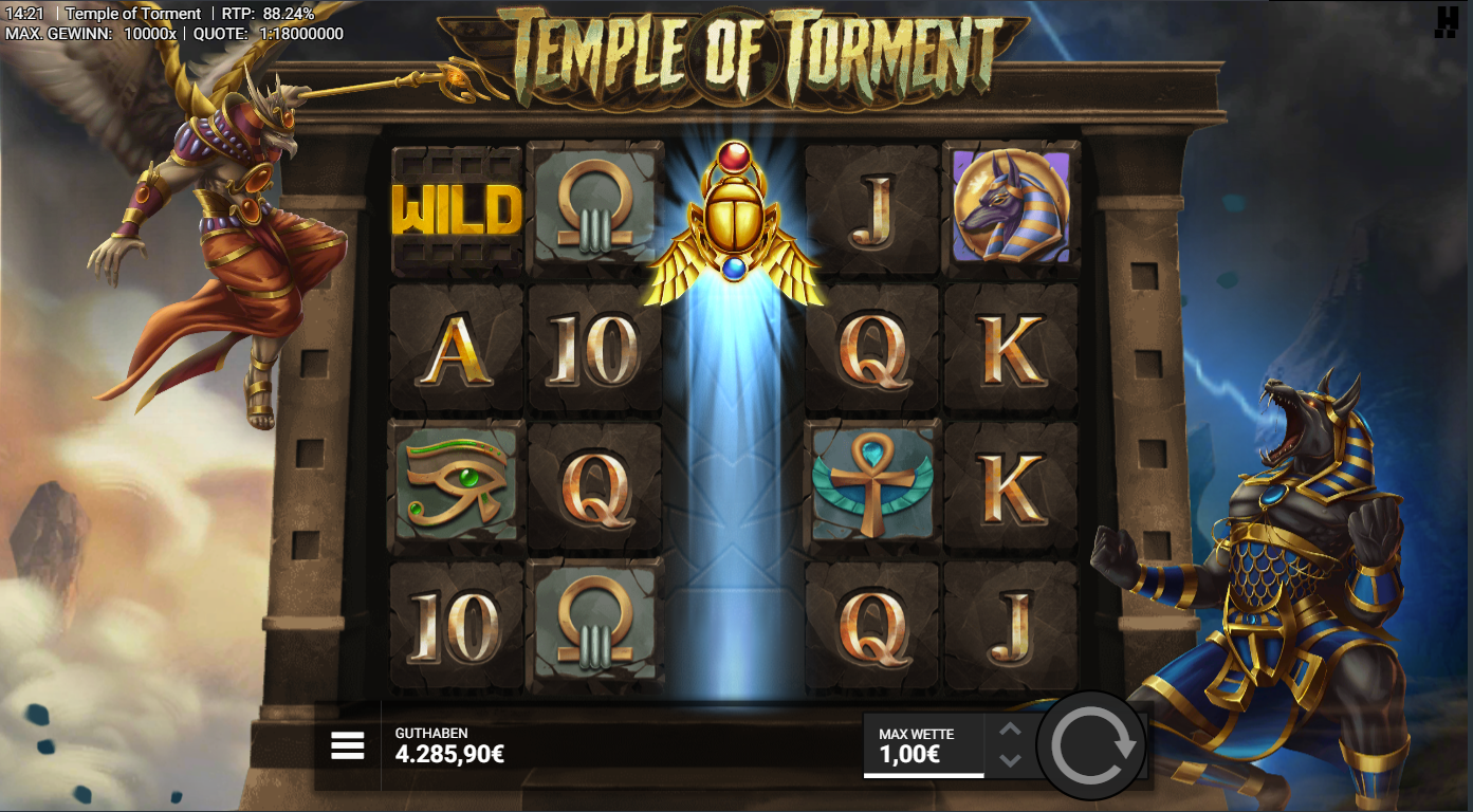 Temple-of-Torment-Slot mit Skarab&auml;us‑Feature, WILD, Ankh, Horusauge und A‑K‑Q‑J‑10.