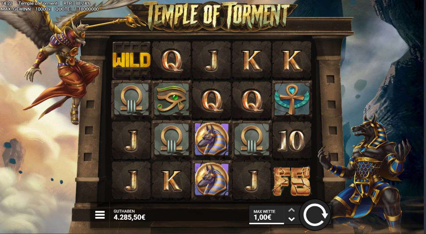 Temple-of-Torment-Slot mit WILD‑Symbol, Ankh, Auge des Horus, FS und A‑K‑Q‑J‑10.
