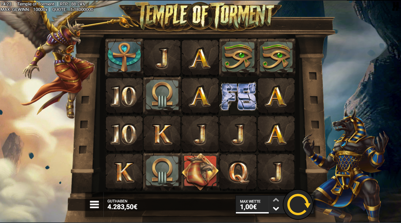 Temple-of-Torment-Slot mit Ankh, Auge des Horus, FS‑Scatter und A‑K‑Q‑J‑10.