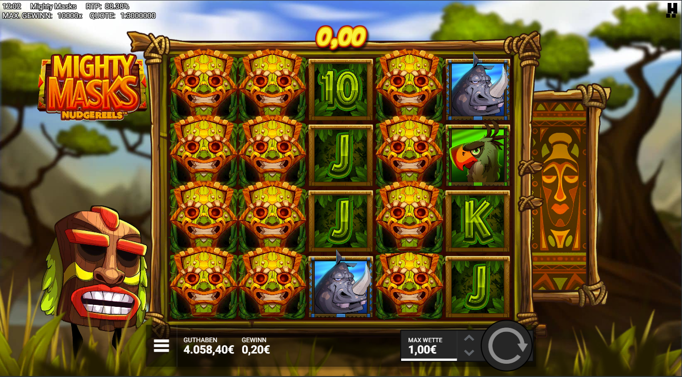 Mighty-Masks-Slot mit gestapelten Wild‑Masken, Nashorn, Vogel und A‑K‑Q‑J‑10.