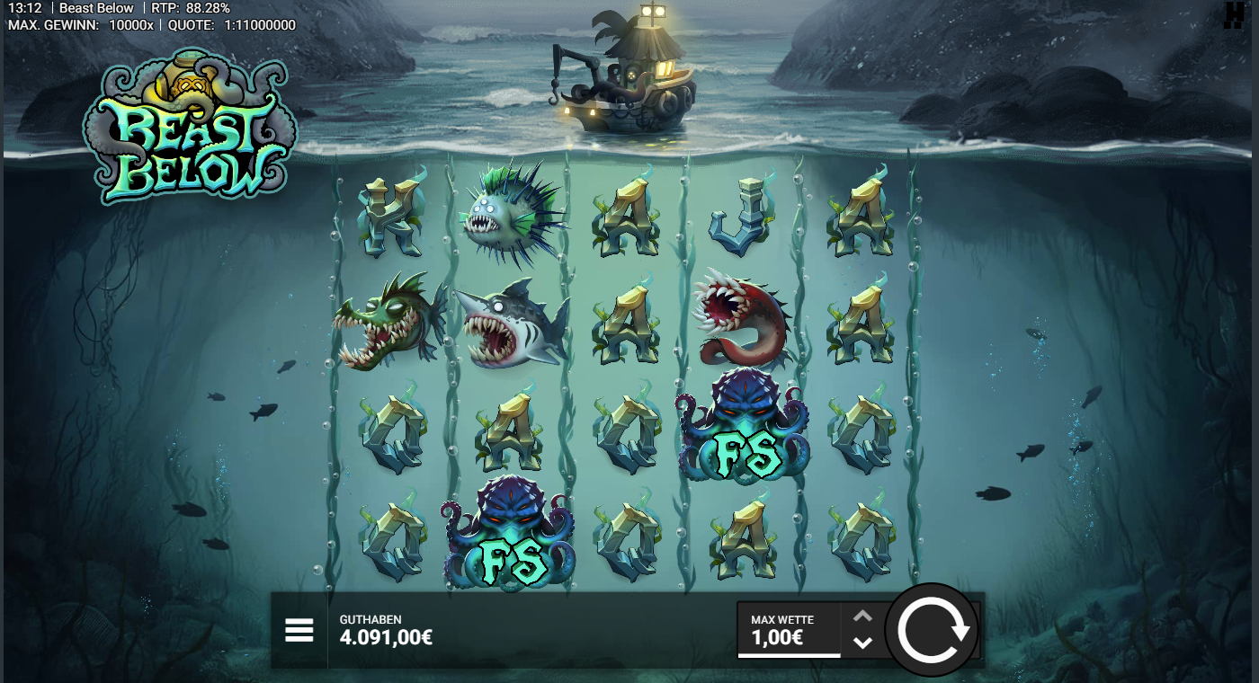 Beast-Below-Slot mit FS‑Kraken, Hai, Anglerfisch, Aal und A‑K‑Q‑J‑Symbolen.