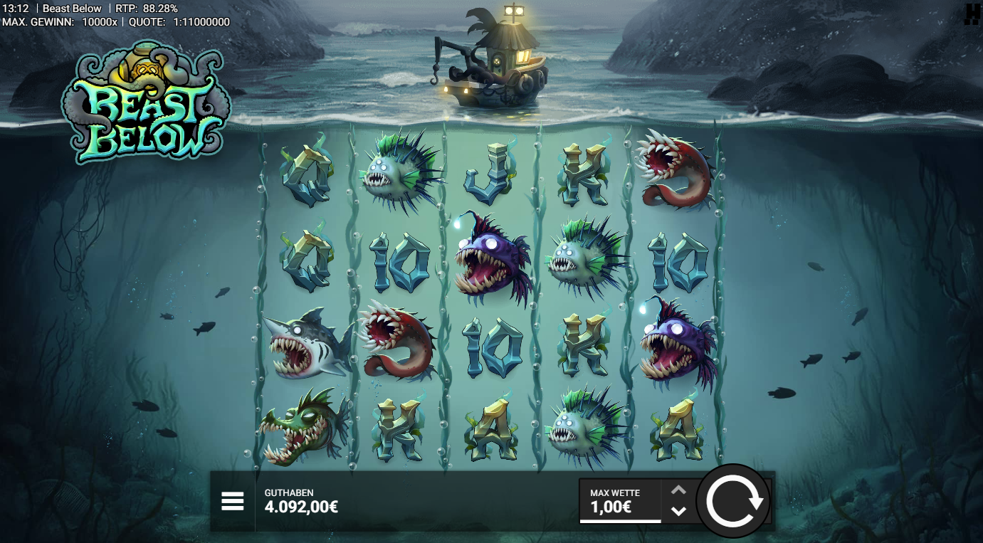 Beast-Below-Slot mit Tiefsee‑Monstern, Hai, Anglerfischen und K‑Q‑J‑10‑Symbolen.