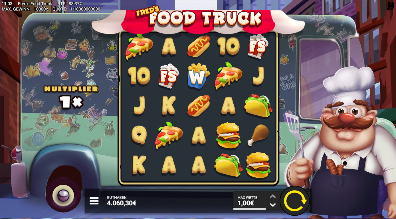 Fred&acute;s-Food-Truck-Slot mit FS‑Popcorn, Pommes‑Wild, Burger, Taco, Pizza und Hotdogs.