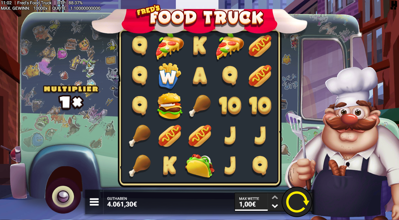 Fred&acute;s-Food-Truck-Slot mit Pommes‑Wild, Burger, Pizza, Hotdog, H&auml;hnchen und A‑K‑Q‑J.