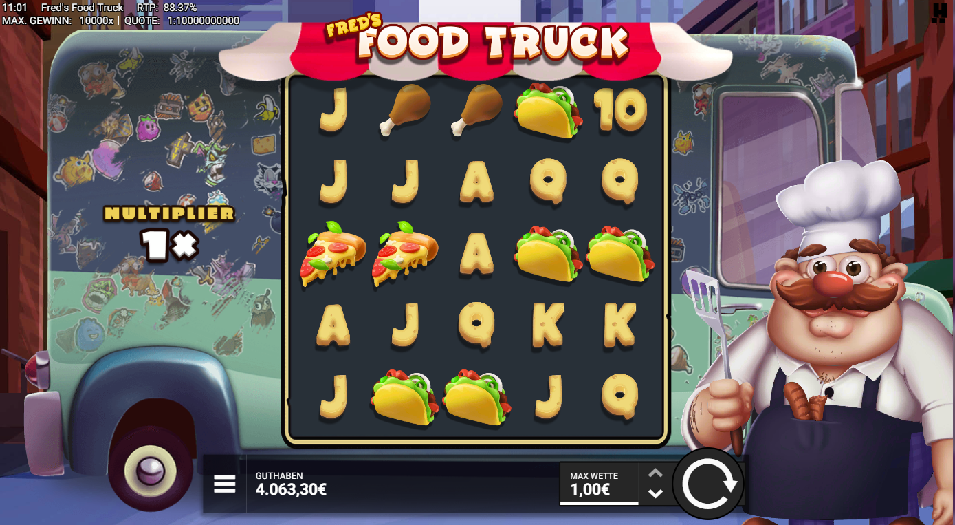 Fred&acute;s-Food-Truck-Slot mit Taco, Pizza, H&auml;hnchen, Buchstaben A‑K‑Q‑J und Kochfigur.