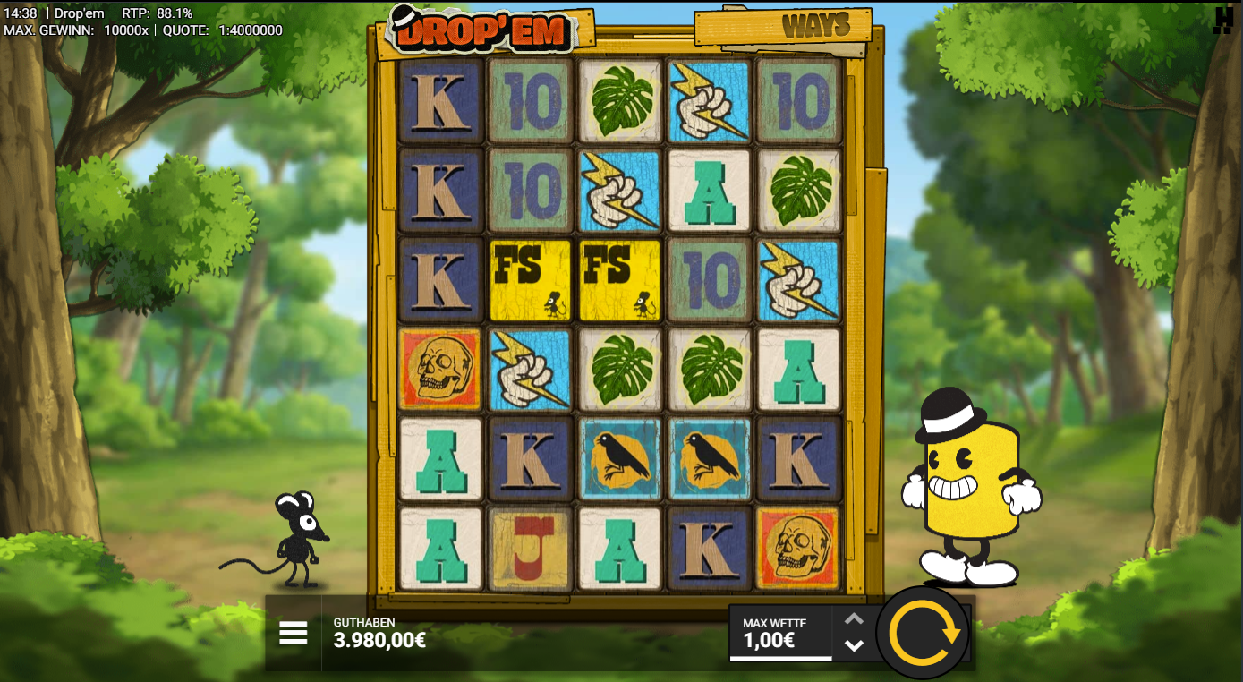 Drop&acute;em-Slot mit FS‑Symbolen, Blitz‑Hand, Totenkopf, Kr&auml;he, Bl&auml;ttern und Kartenwerten.