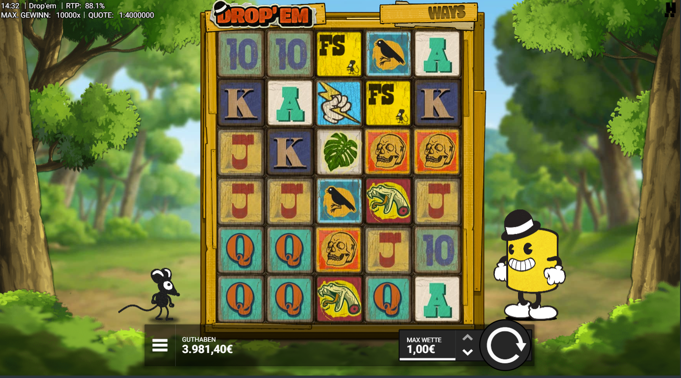 Drop&acute;em-Slot mit FS‑Symbol, Totenkopf, Kr&auml;he, Frosch, Bl&auml;ttern und Kartenwerten.