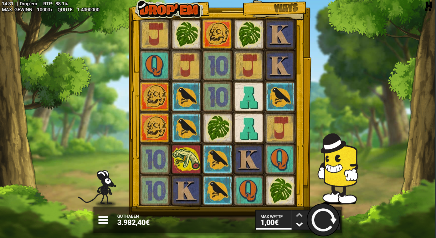 Drop&acute;em-Slot mit Totenkopf, Kr&auml;he, Bl&auml;ttern, Frosch, Kartenwerten und W&uuml;rfel‑Grid.