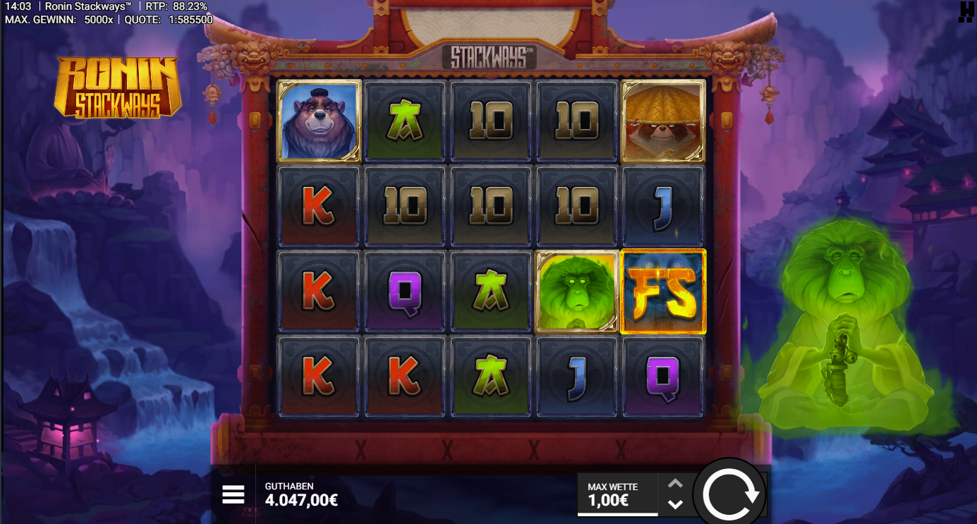 Ronin-Stackways-Slot mit Panda, FS‑Symbol, B&auml;r, Tiger und A‑K‑Q‑J‑10.