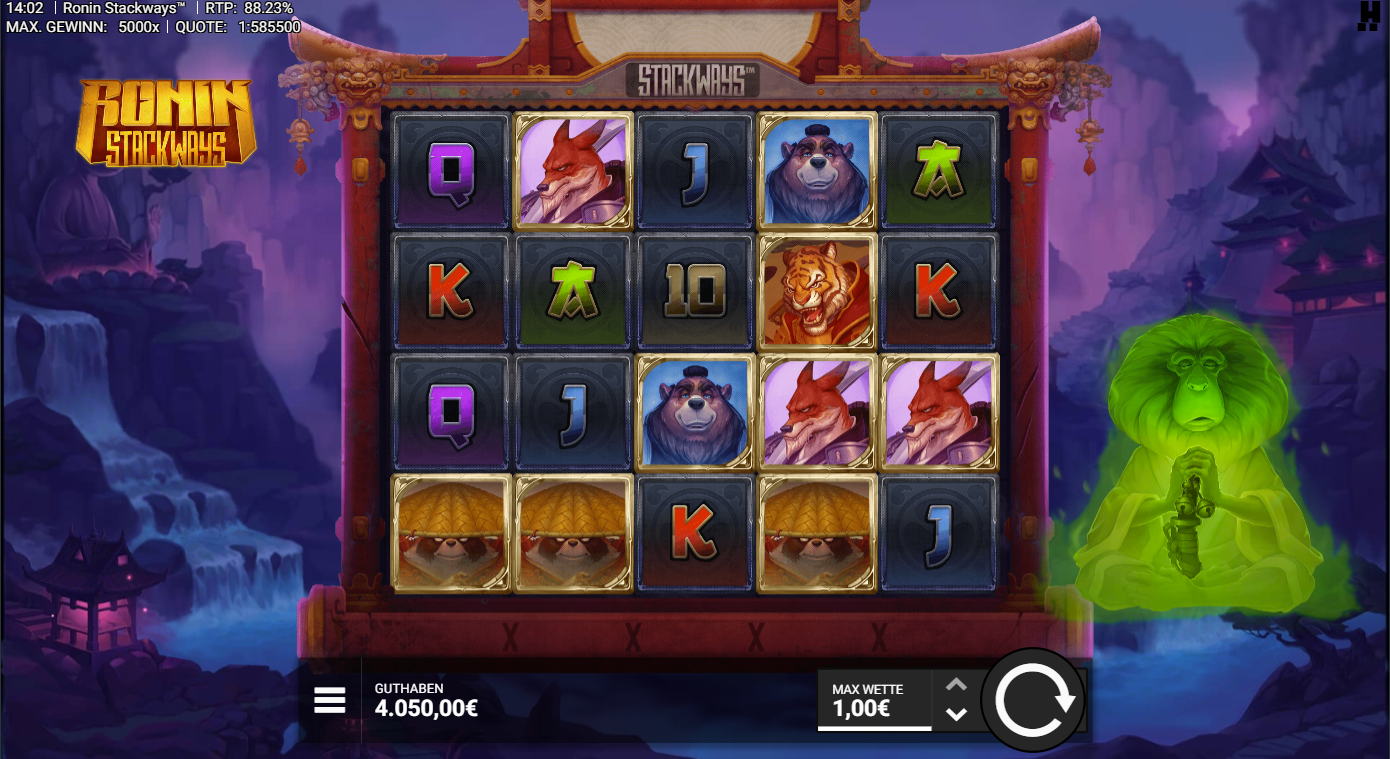 Ronin-Stackways-Slot mit Panda im Strohhut, Tiger, Fuchs, B&auml;r und A‑K‑Q‑J‑10.
