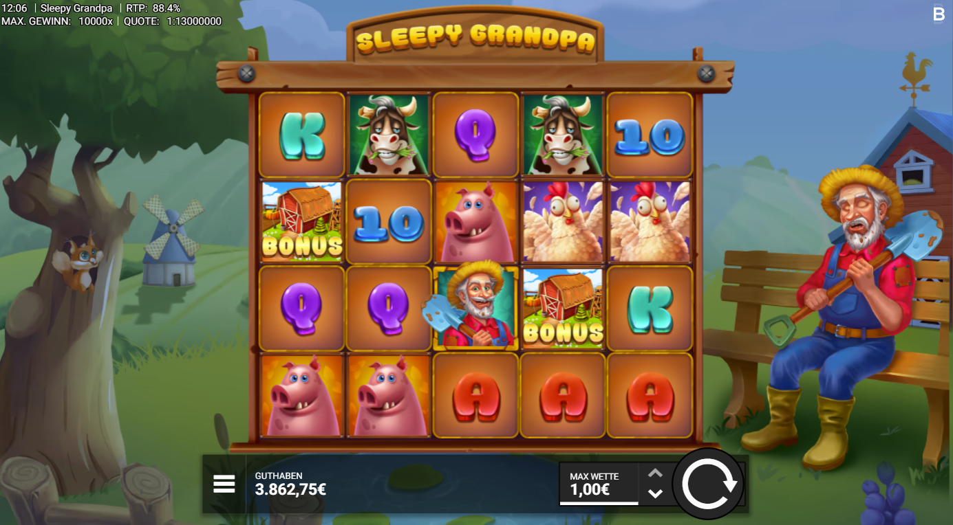 Sleepy-Grandpa-Slot mit Bonus‑Scheunen, Schweinen, H&uuml;hnern, Kuh, Opa‑Symbol und A‑K‑Q‑J‑10.