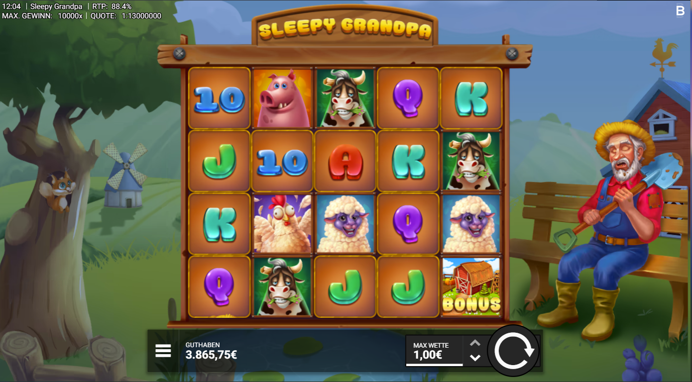 Sleepy-Grandpa-Slot mit Schwein, Kuh, Huhn, Schaf, Bonus‑Scheune und A‑K‑Q‑J‑10.