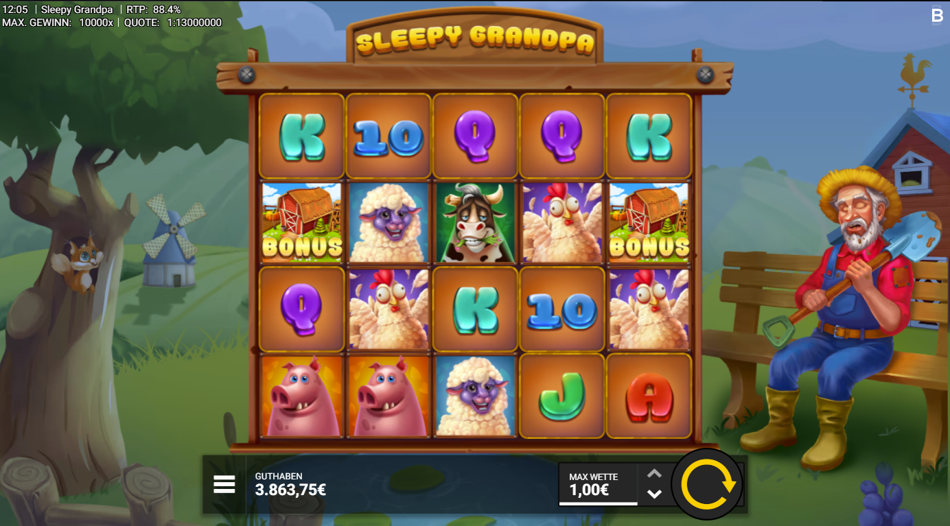 Sleepy-Grandpa-Slot mit Schwein, Schaf, Kuh, Huhn, Bonus‑Scheune und A‑K‑Q‑J‑10.