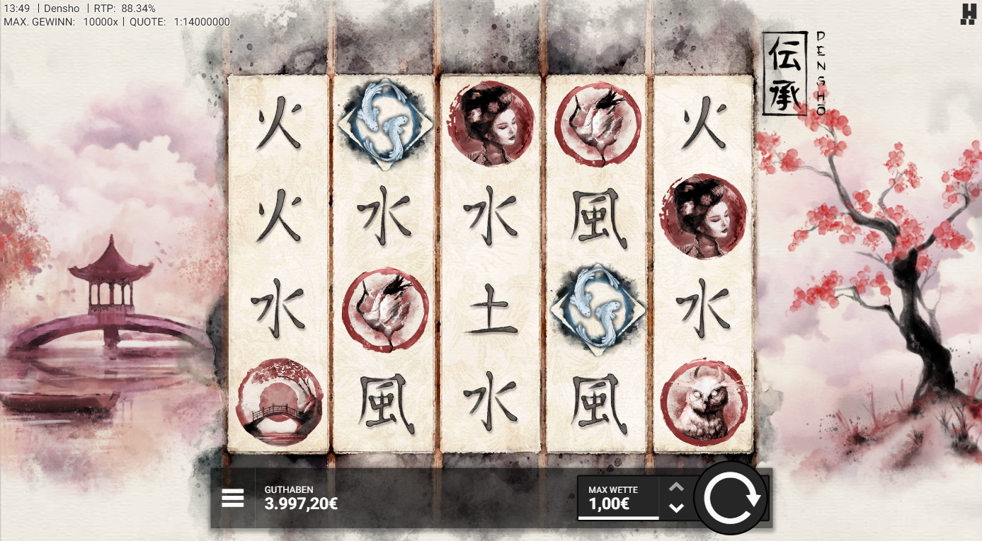 Densho-Slot mit Drachen‑Wild, Schwan, Frau, Kanji‑Zeichen und Br&uuml;ckenmotiv.