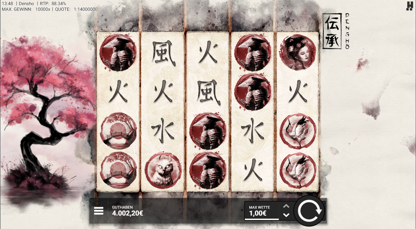 Densho-Slot mit Samurai, Schwan, Br&uuml;cke, Kanji‑Zeichen und Wasser‑Symbolen.