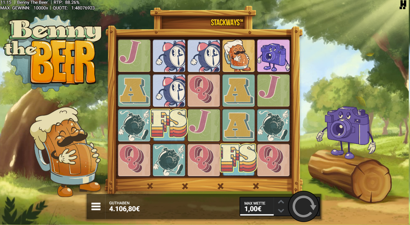 Benny-the-Beer-Slot mit FS‑Symbol, Bierkrug, Bomben, Schloss, Kamera und A‑K‑Q‑J.