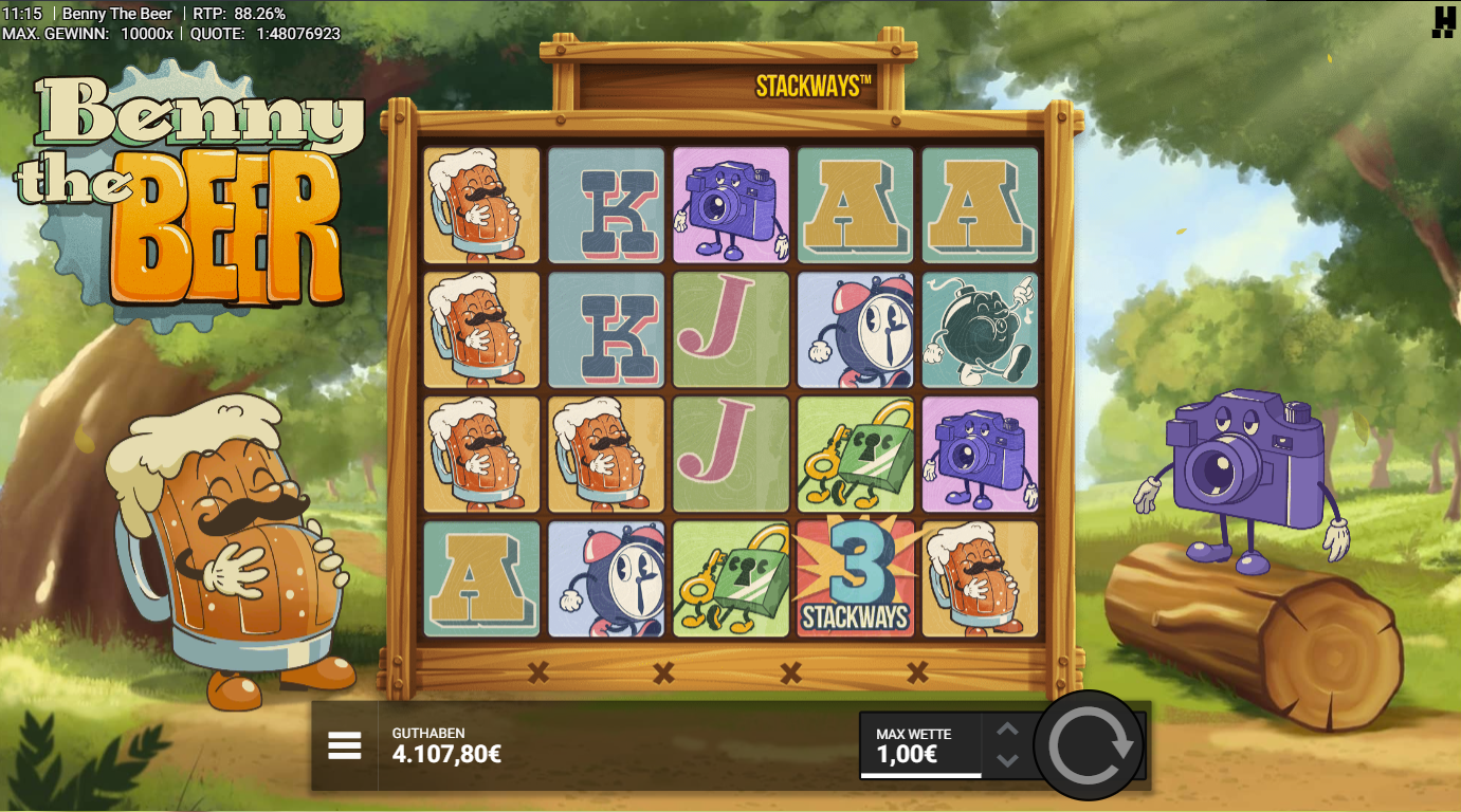Benny-the-Beer-Slot mit Bierkrug‑Wilds, Kamera, Schloss, Bomben und A‑K‑Q‑J‑Symbolen.