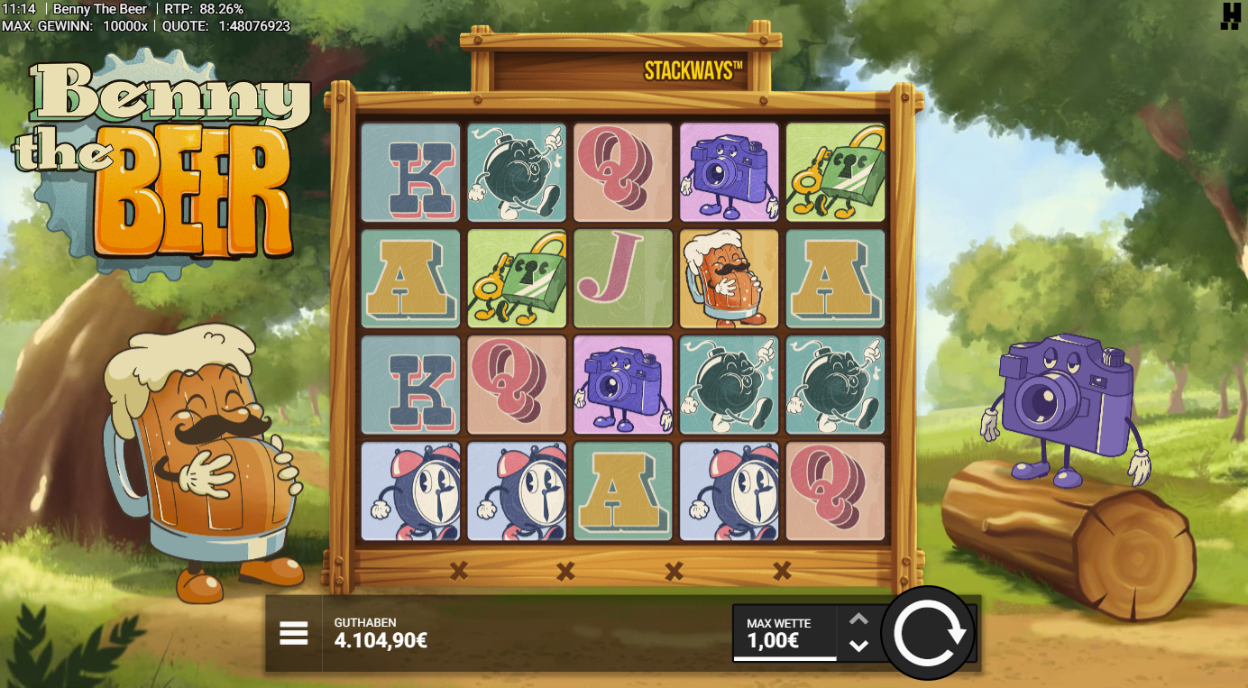 Benny-the-Beer-Slot mit Bierkrug‑Figur, Wecker, Kamera, Bomben, Schloss und A‑K‑Q‑J‑Symbolen.
