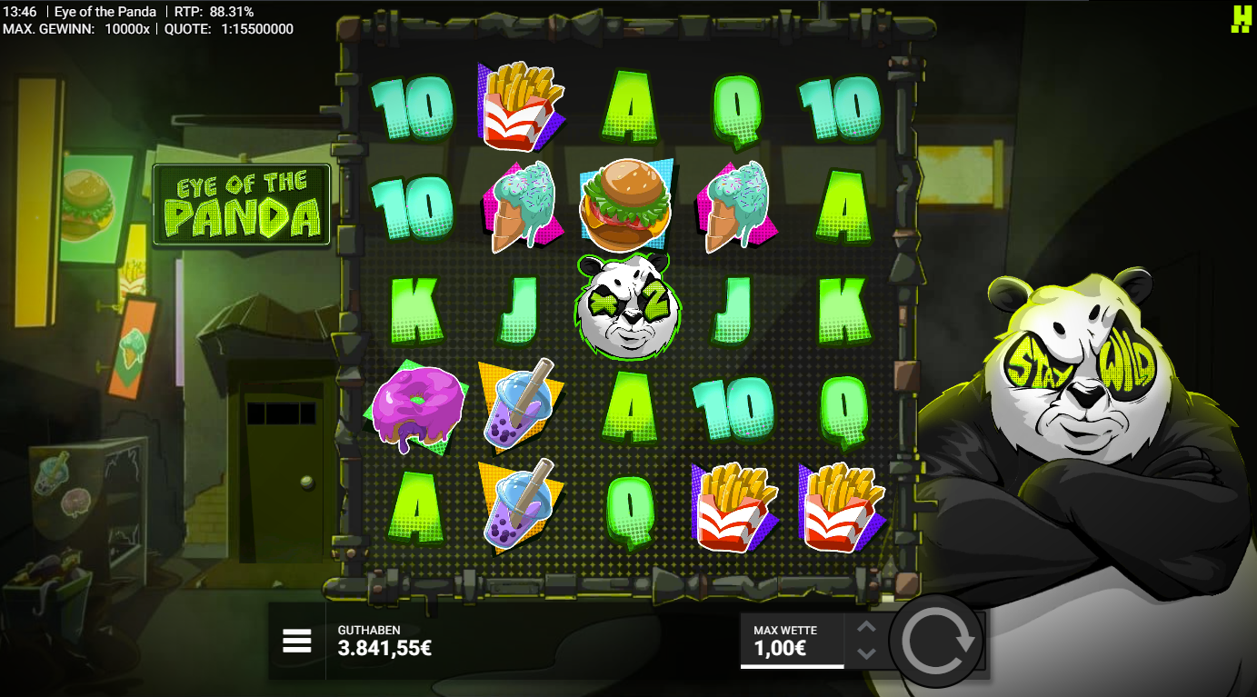 Eye-of-the-Panda-Slot mit Panda‑Wild, Burger, Pommes, Bubble‑Tea und A‑K‑Q‑J‑10.
