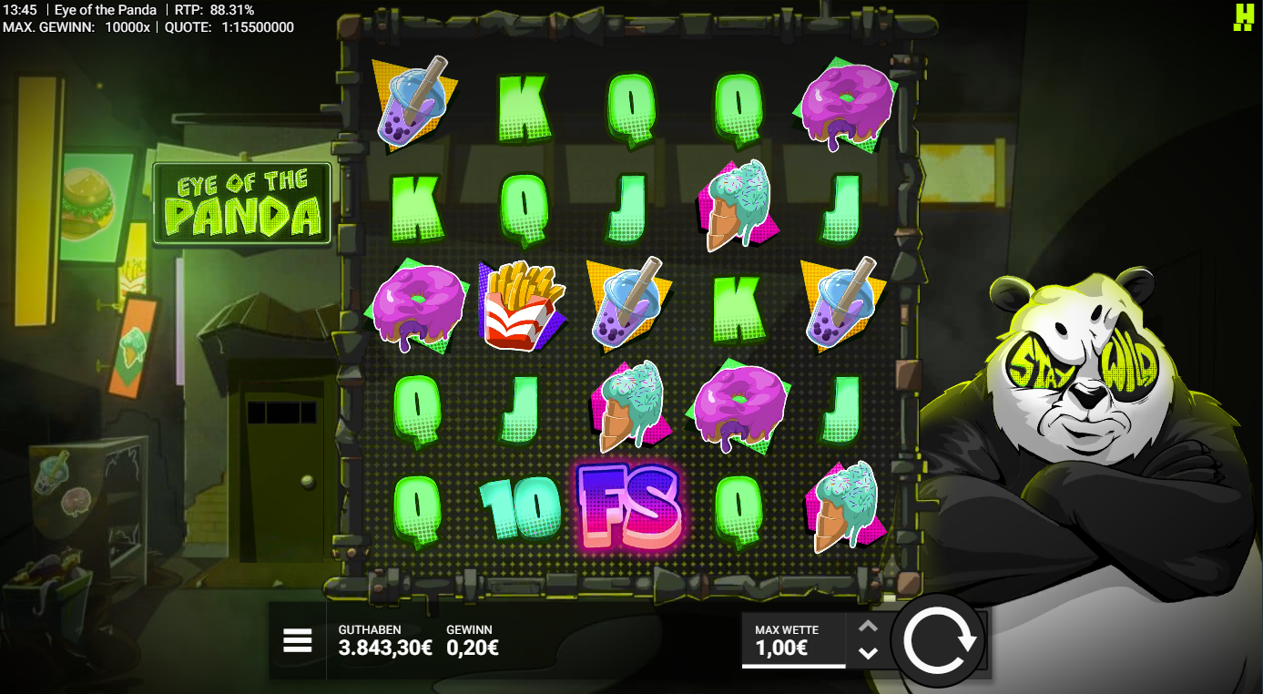 Eye-of-the-Panda-Slot mit Bubble‑Tea, Donut, Pommes, Eis, FS und A‑K‑Q‑J‑10.